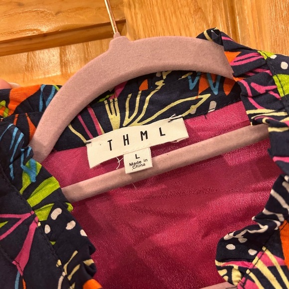 THML Women's Size L Navy Blue Colorful Leaf Print Tiered Short Sleeve Dress - Picture 6 of 8